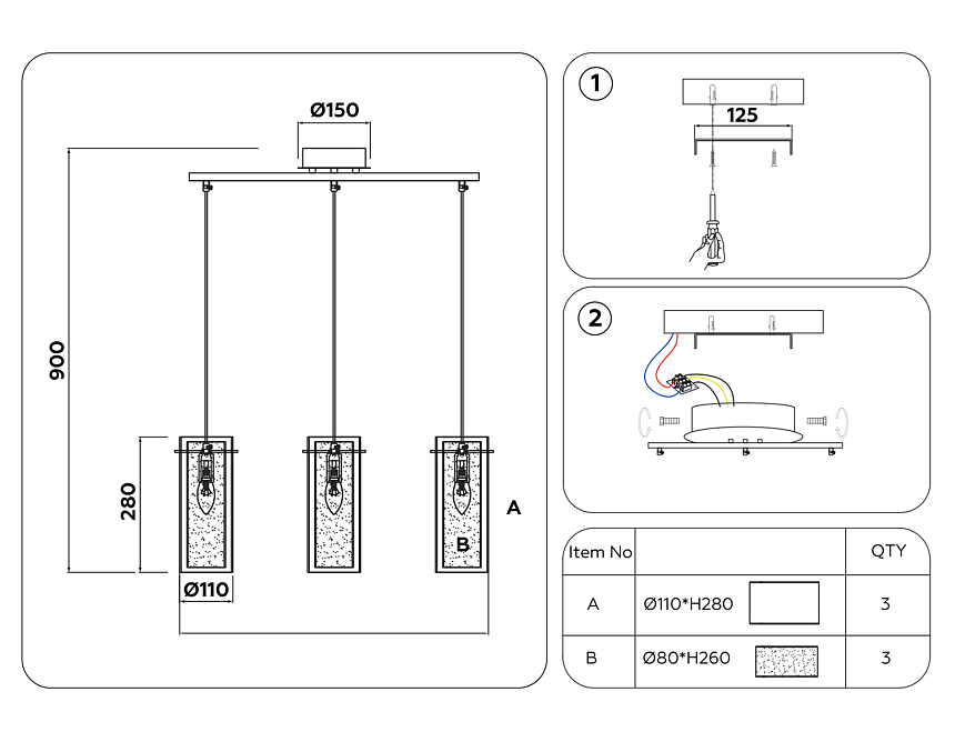 TR3675/3 CH/CL/FR хром/прозрачный/белый матовый E14/3 max 40W 640*110*900